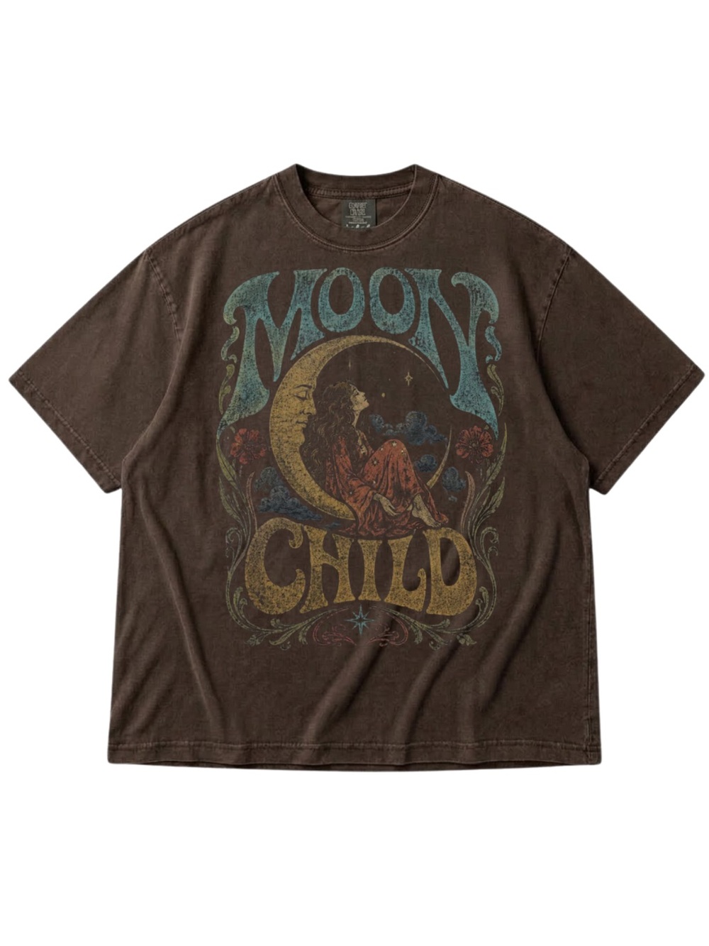 Comfort Colors Moon Child Graphic Tee - Espresso with Blue & Gold Print